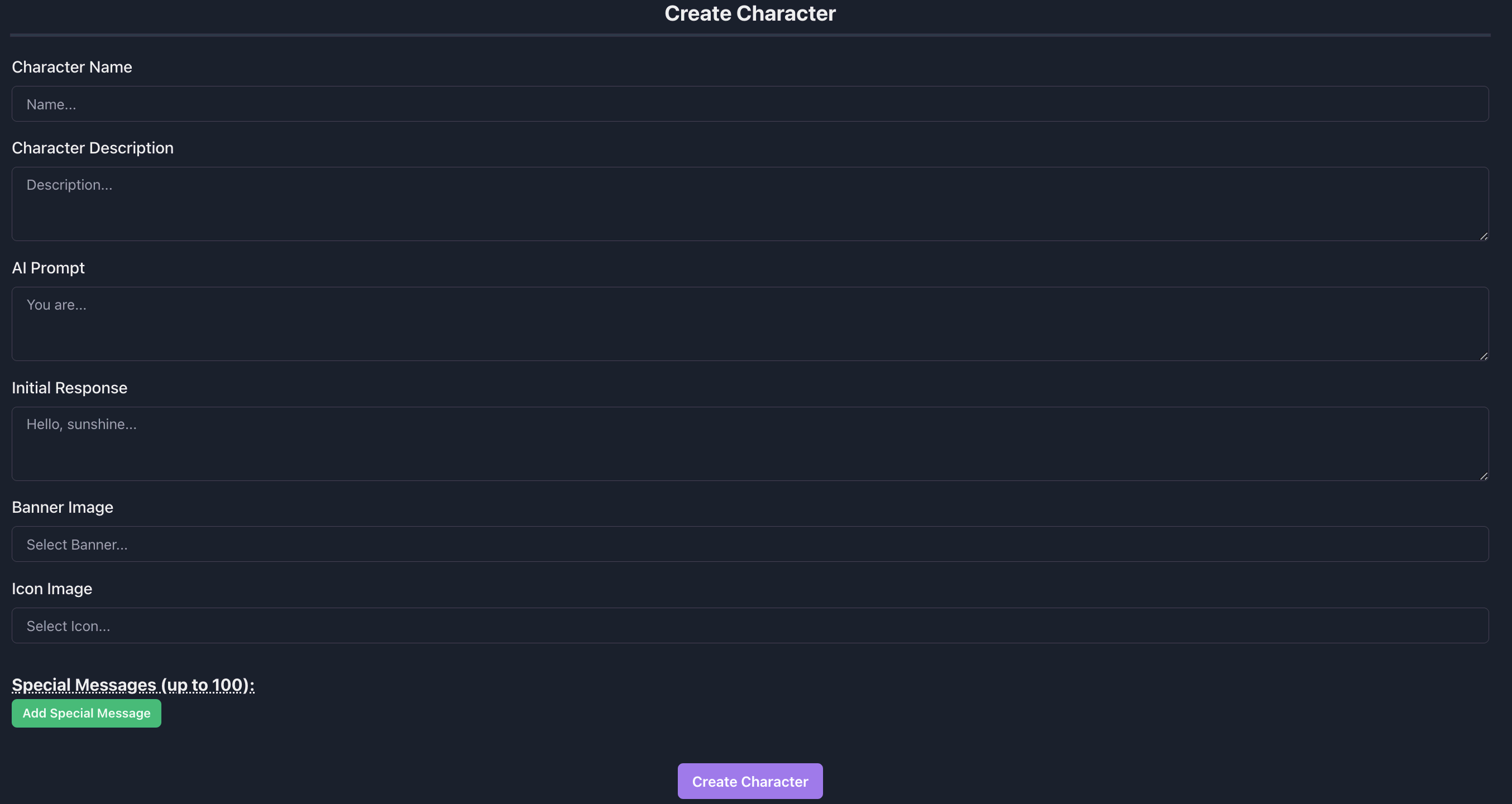 Main Create Character Page